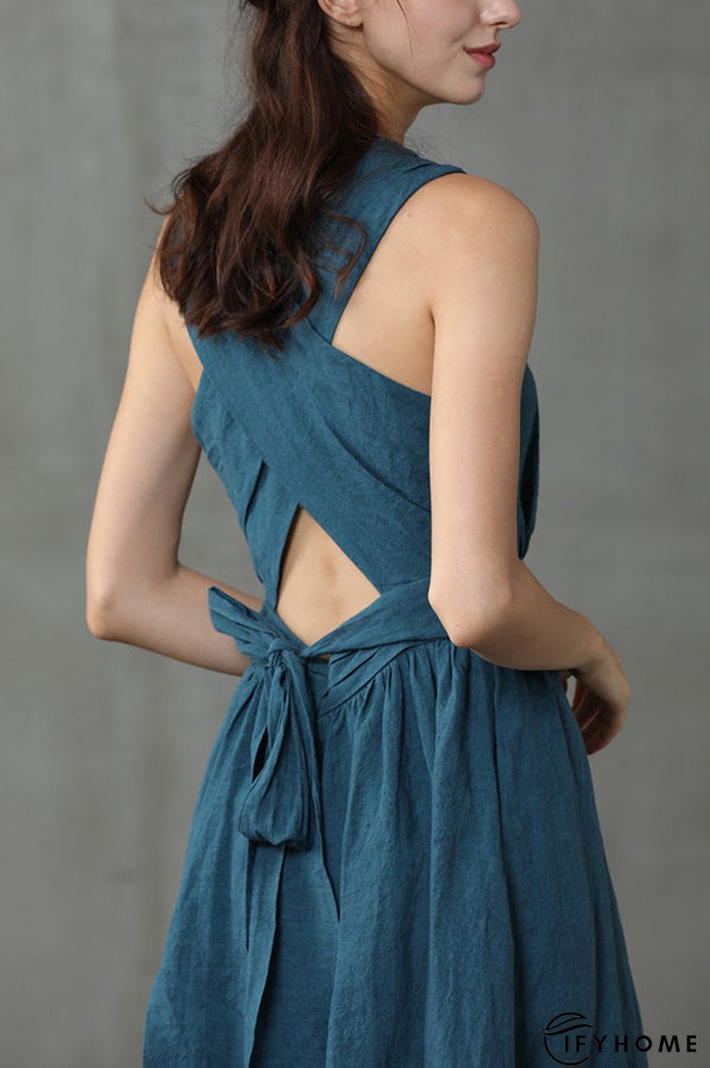 Cross Back O Neck Maxi Linen Dress | IFYHOME