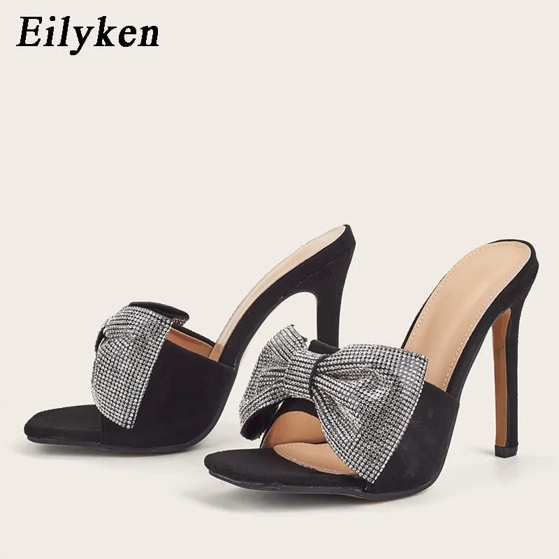 Eilyken Summer Women High Heels Mules Slippers Female Peep Toe Stiletto Heels Slippers Silver Bling Butterfly-knot Shoes