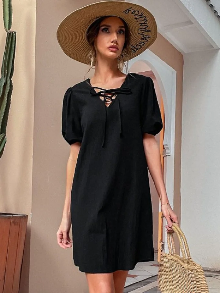 Casual Cotton and Linen Temperament Loose Strap Dress Black Dresses | EGEMISS