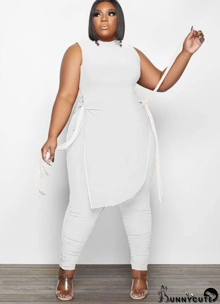 Women Summer White Side Slit Long Shirt and Pants Plus Size Two Piece Set