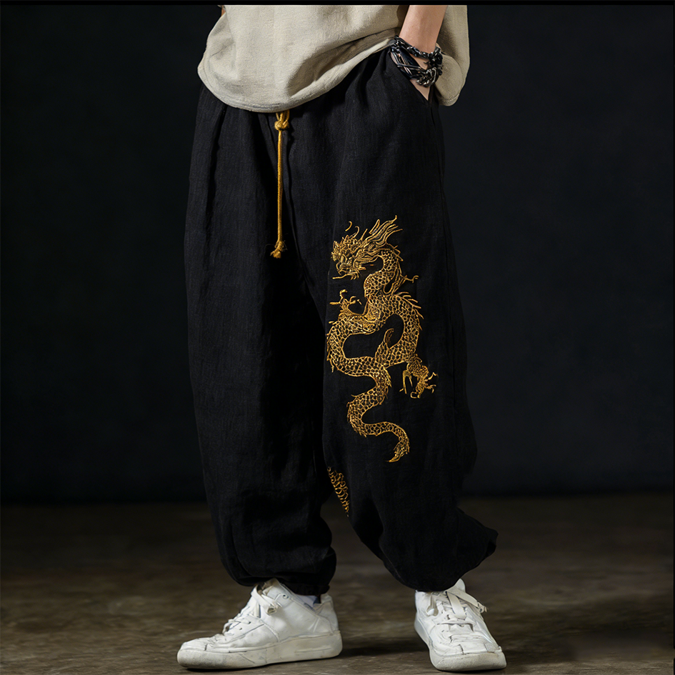 Men's Casual Cotton And Linen Wide-leg Pants With Dragon Patterns And Embroidered Floral Patterns  artssus