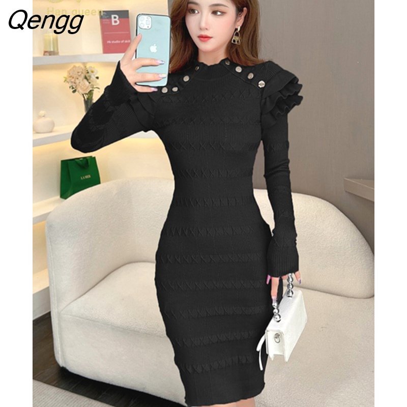 Qengg Han Queen Autumn Winter Office Pencil Knitted Dress Women Bottoming Sheath Dresses Fashionable Metal Buckle Bodycon Vestidos