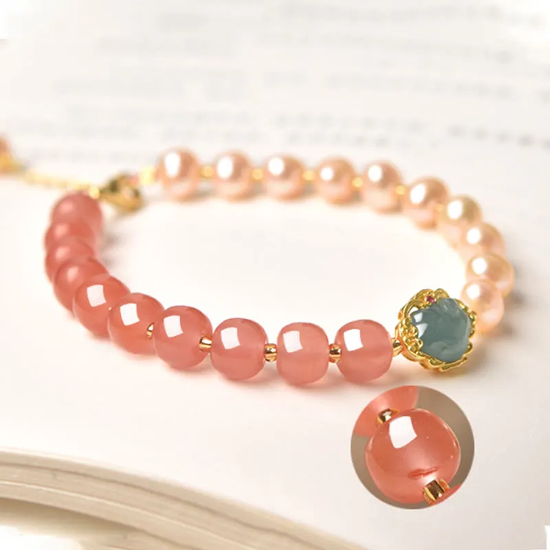 14K Gold Plated Natural Red Agate Pearl Jade Confidence Bracelet