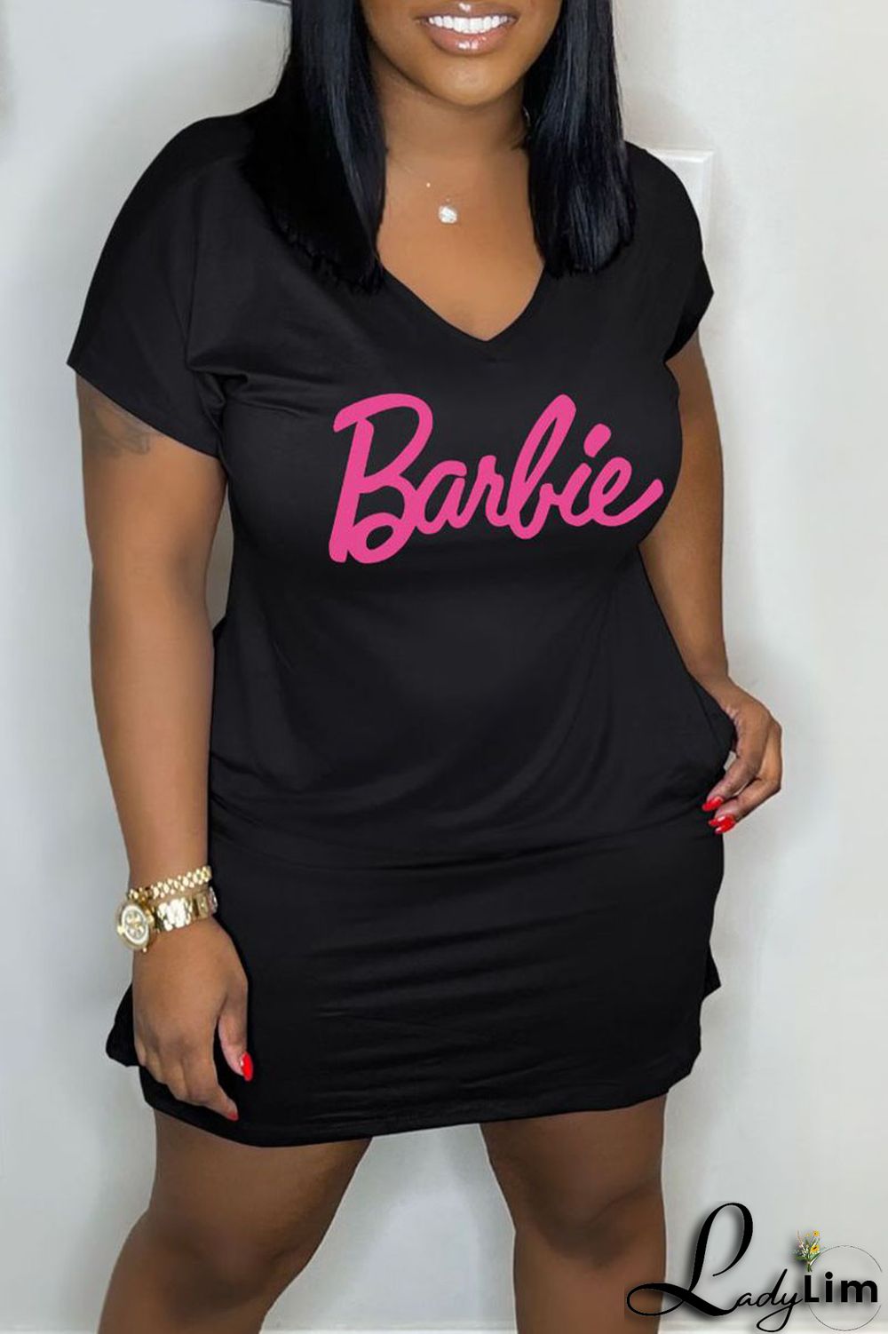 Pink Casual Print Patchwork V Neck Straight Dresses