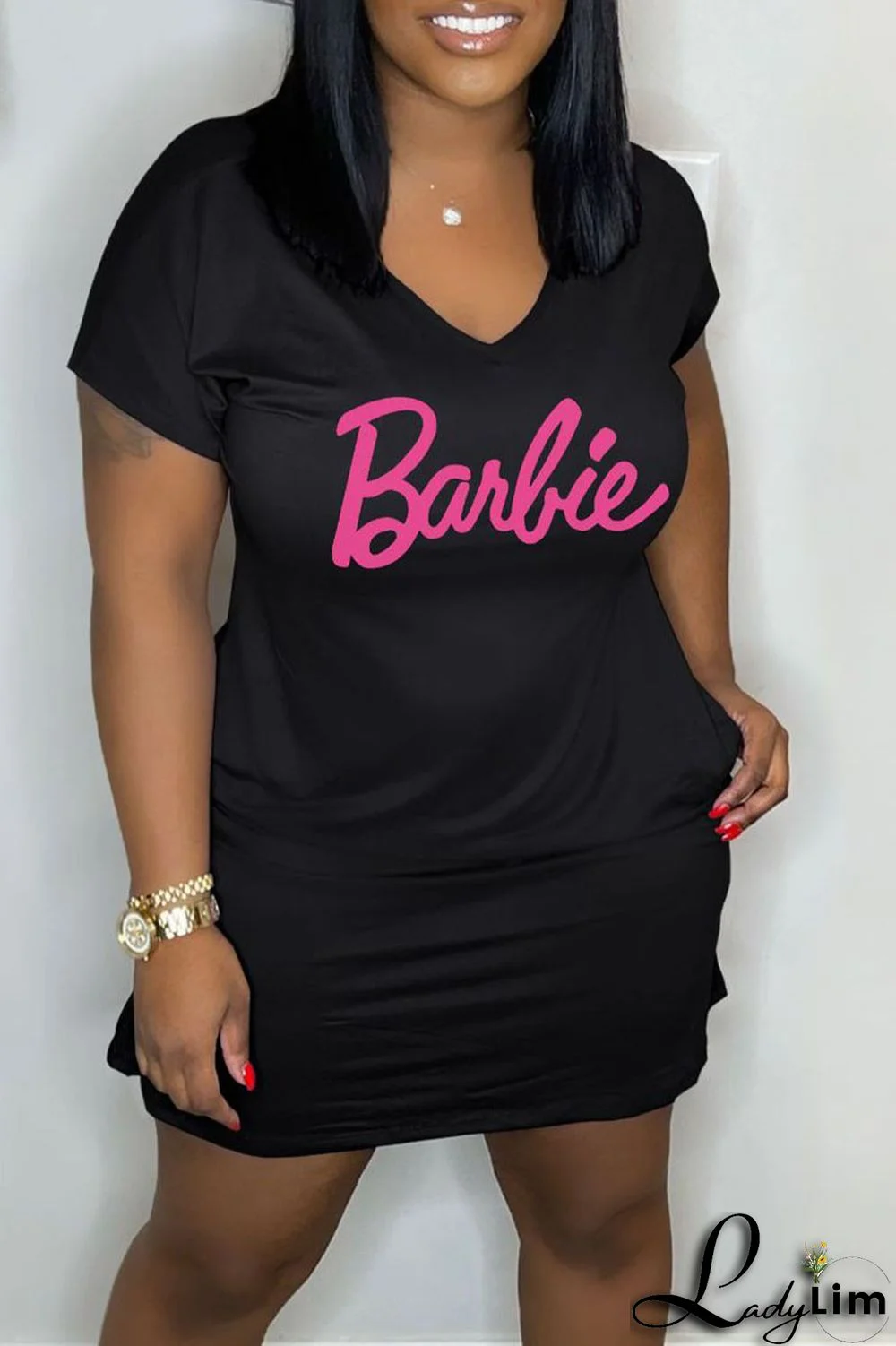 Pink Casual Print Patchwork V Neck Straight Dresses