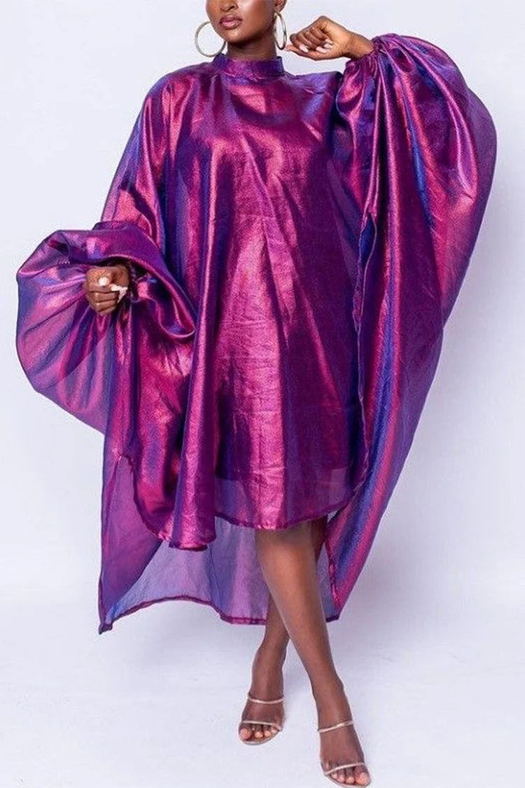 Xpluswear Plus Size Purple Daily Metallic Hologram Lantern Sleeve Midi Dress 