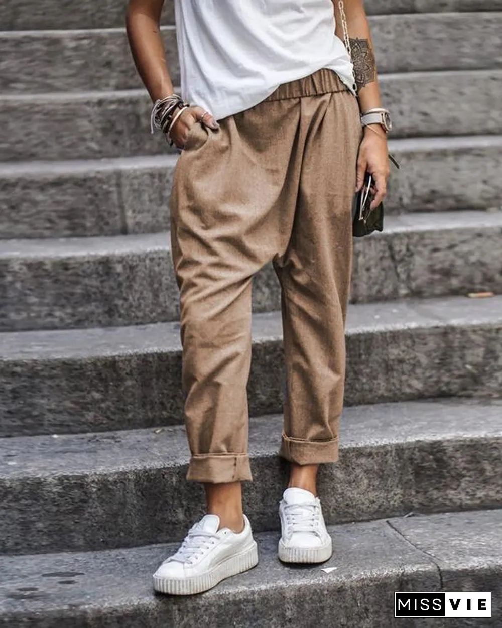 Solid Color Casual Pocket Elastic Waist Harem Pants