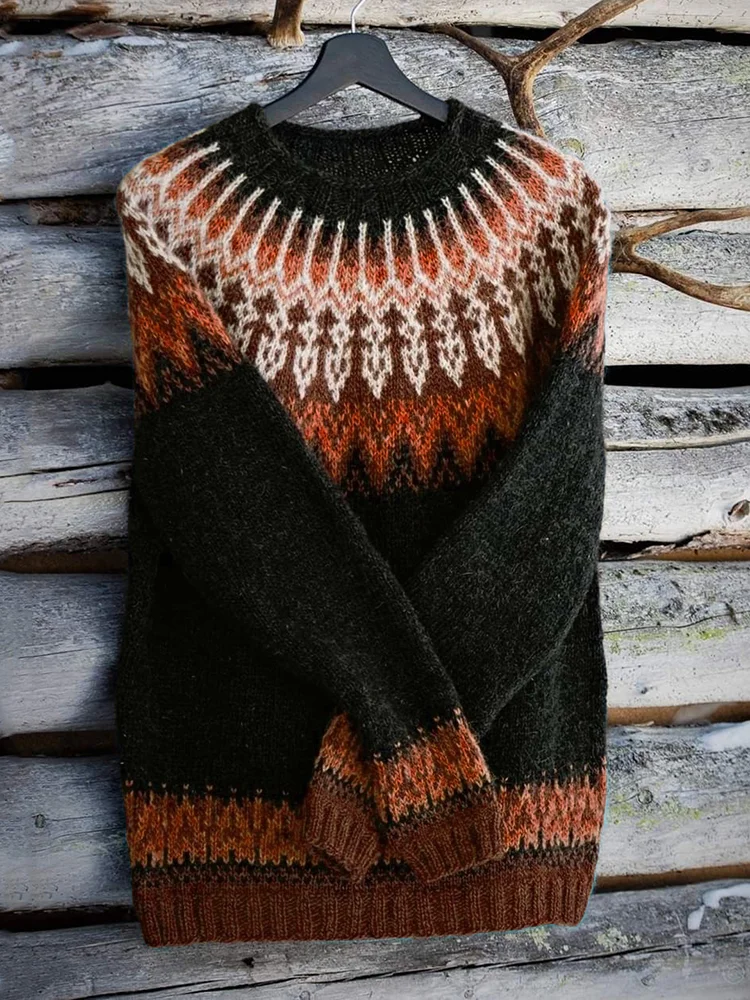 Vintage Icelandic Knit Jacquard Warmth Crew Neck Sweater（Unisex）
