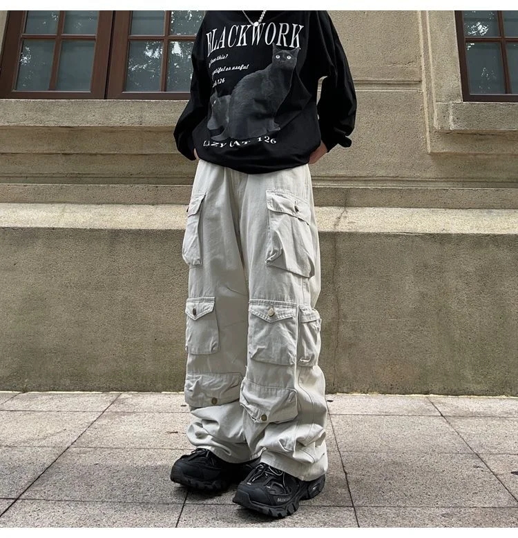 Retro Multi-pocket Men's Oversized Cargo Pants at Hiphopee