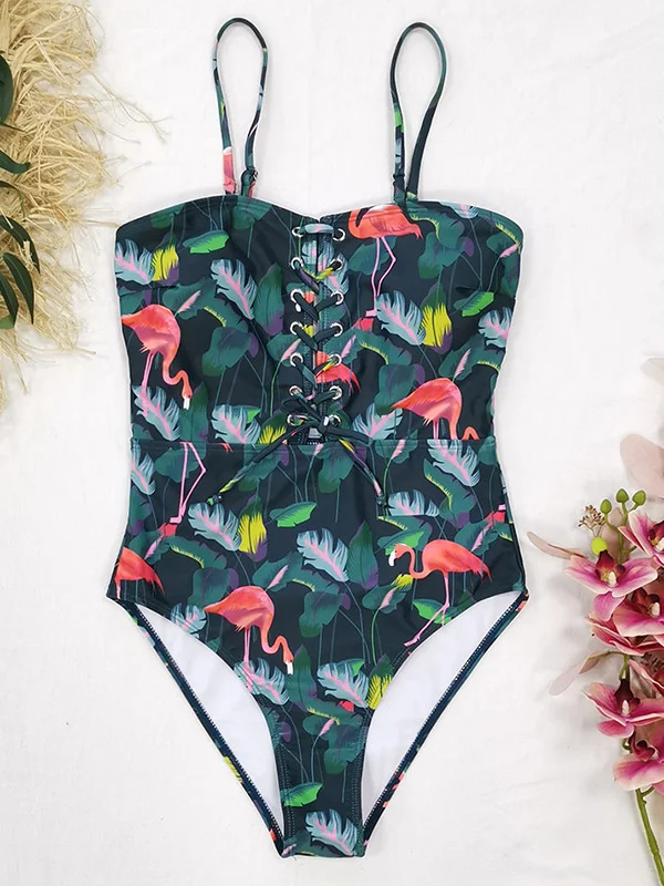 Floral Spaghetti-Neck Drawstring Backless One-Piece Swimwear