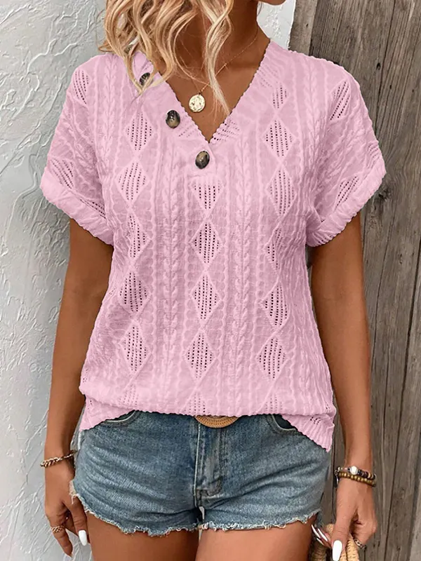Solid Color Buttoned Short Sleeves Loose V-Neck T-Shirts Tops PINK-M
