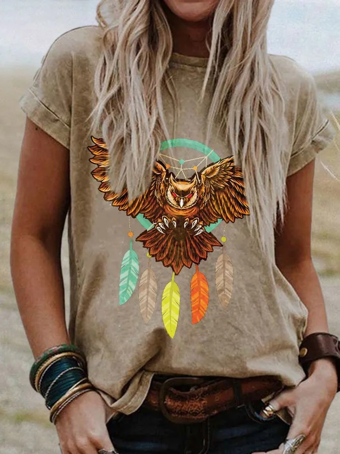 Native American Owl Feather Print Short  Sleeve T-Shirt