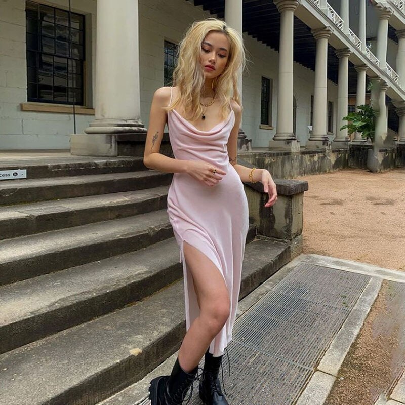  Pink Y2K Dress Up Party Spaghetti Strap Sexy Split Out Solid Straight Sliver Summer Dress Female Elegant Pajamas 2025 New