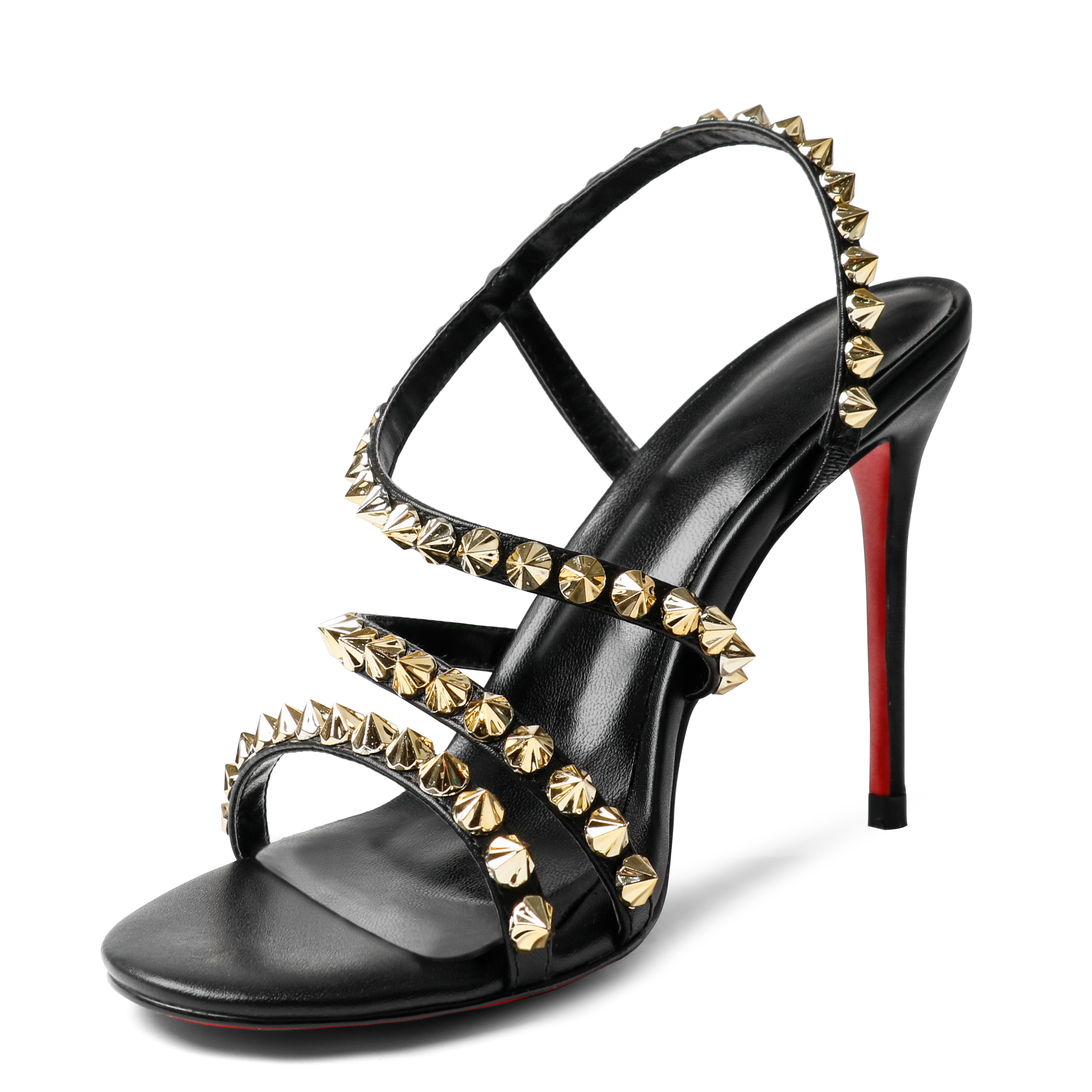 100mm Cross Heel Elastic Strap Gold Studs Red Bottoms Party Stiletto Sandals Pumps-vocosishoes