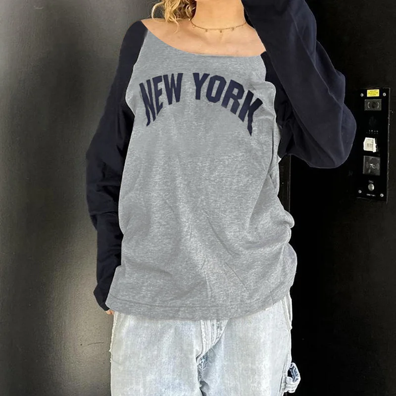 Toloer Toloer Style Patchwork Color Digital Print Long-Sleeved T-Shirt Loose Shoulder And Thin Top-Outfit Ideas