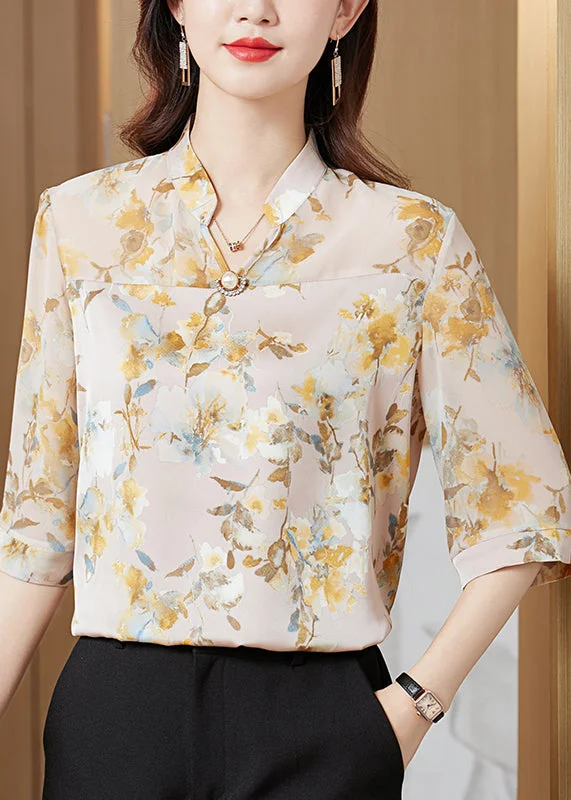Bohemian Yellow Stand Collar Print Chiffon Shirt Tops Half Sleeve