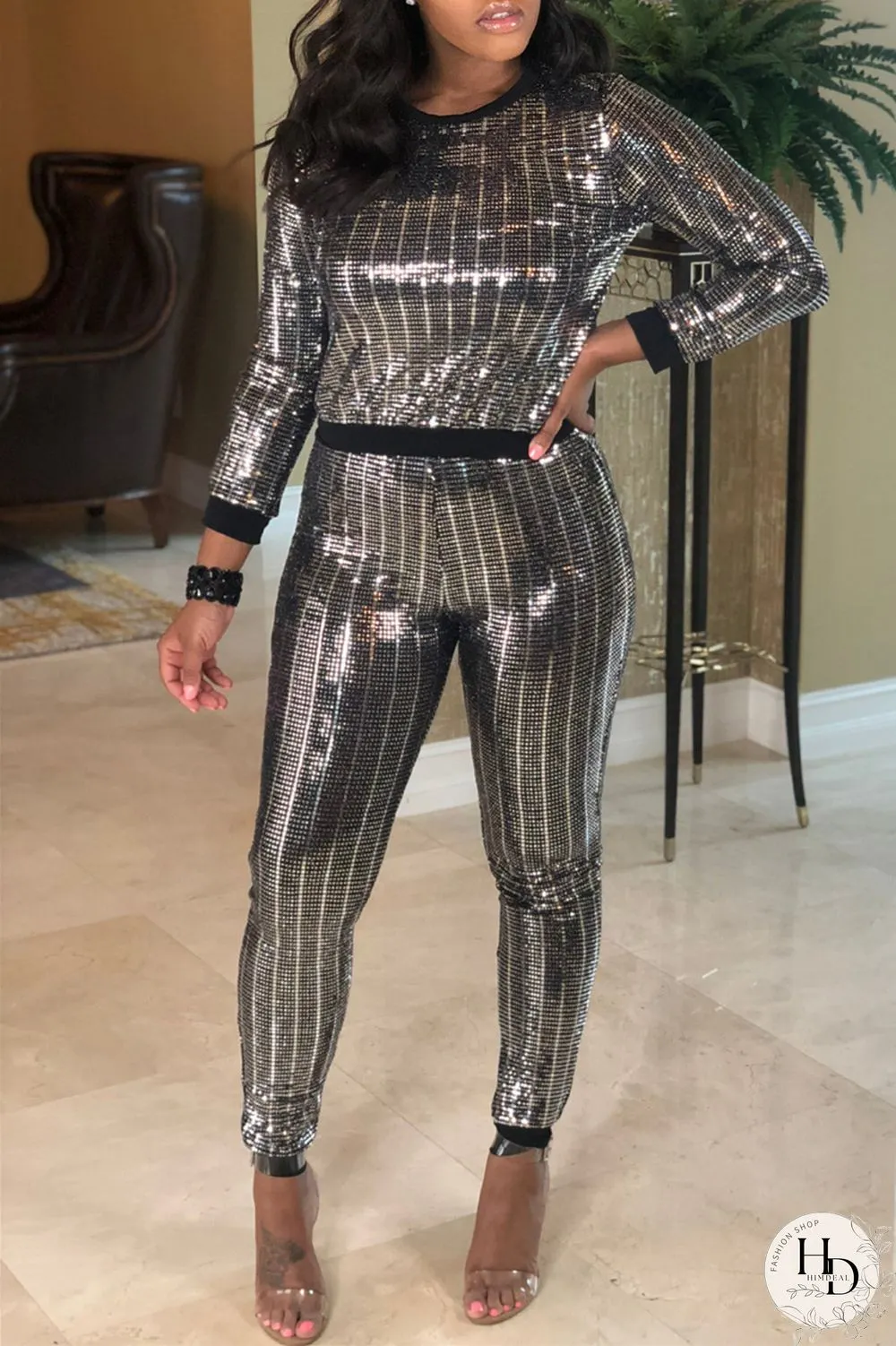 Brown Fashion Casual Patchwork Sequins O Neck Long Sleeve Two Pieces