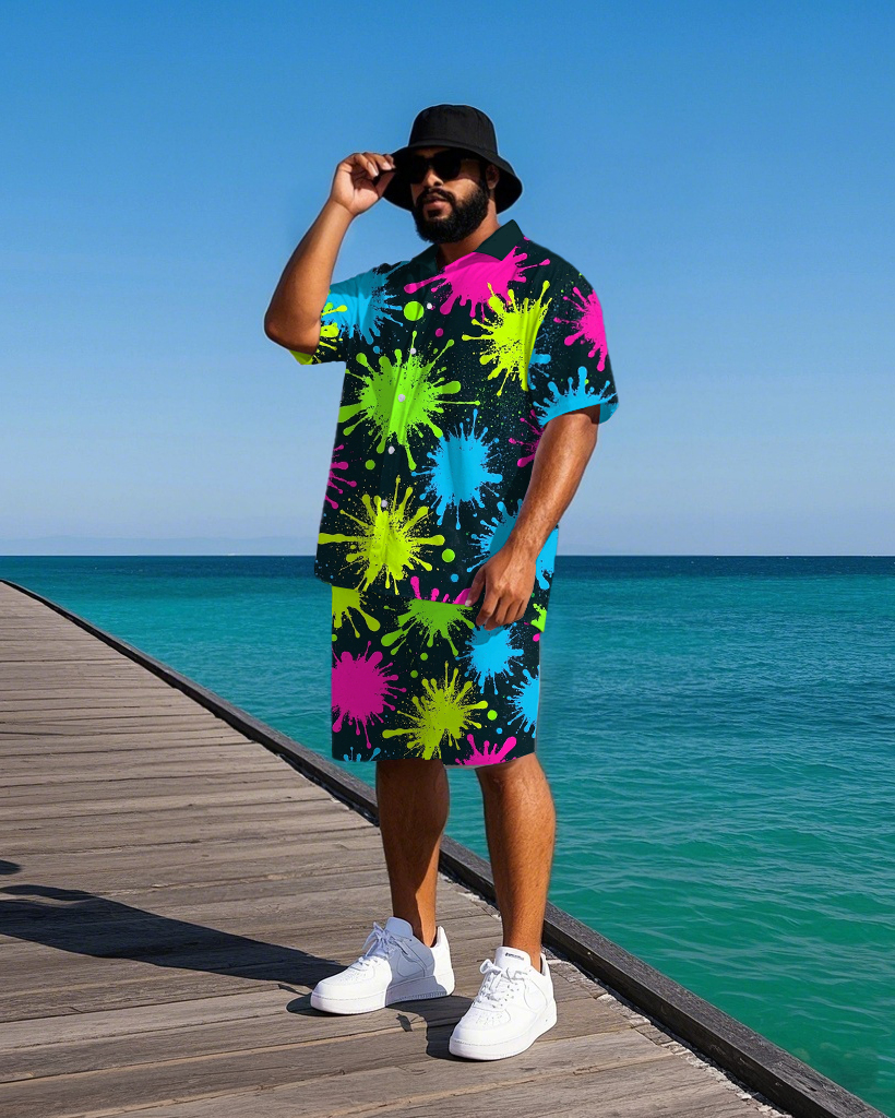 Big Men's Hawaiian Funny Colorful Ink Splack Printed Daily Casual Short Sleeve Shirt Shorts Set