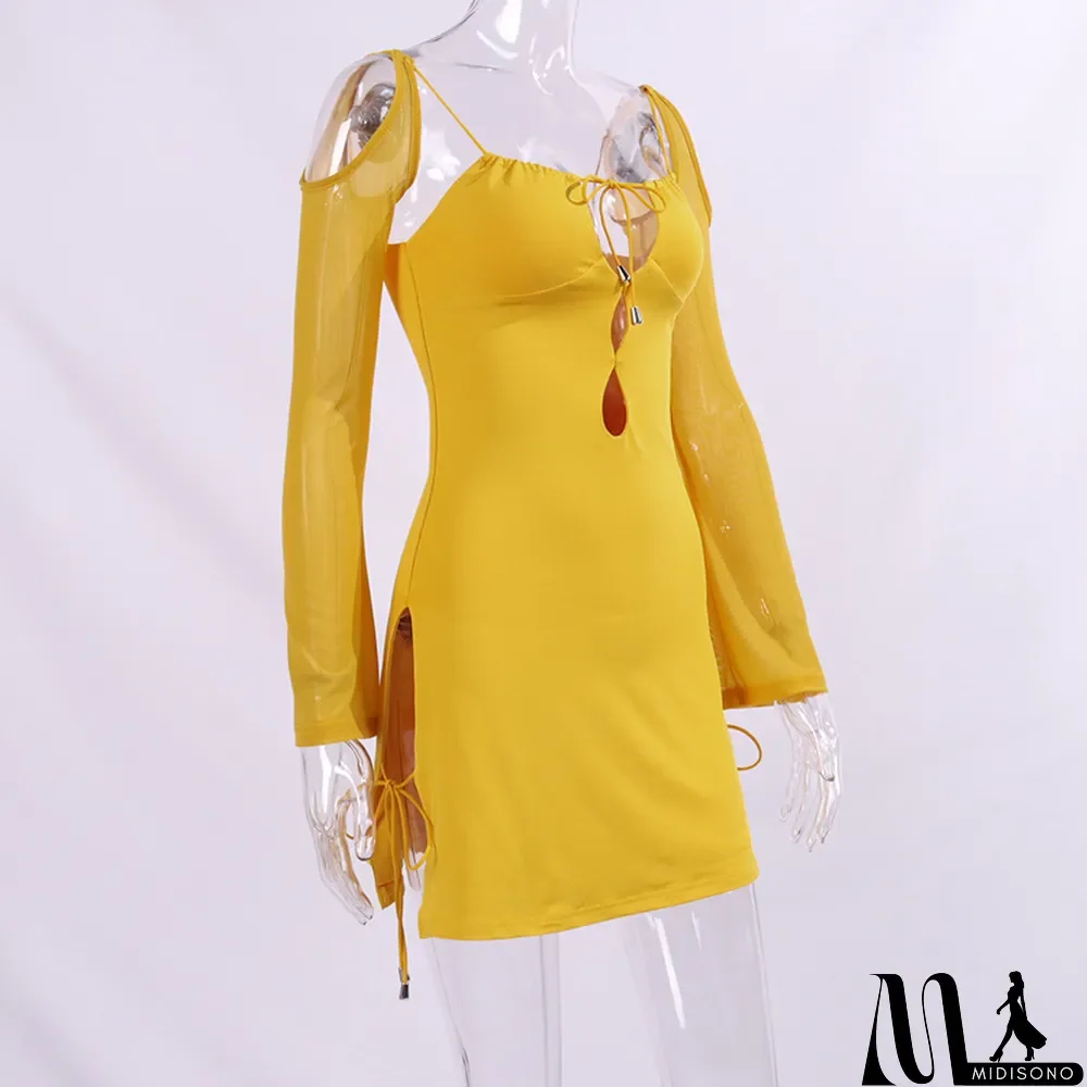 MidiSono - Women Long Sleeve Lace Up Hollow Out Long Sleeve Dress