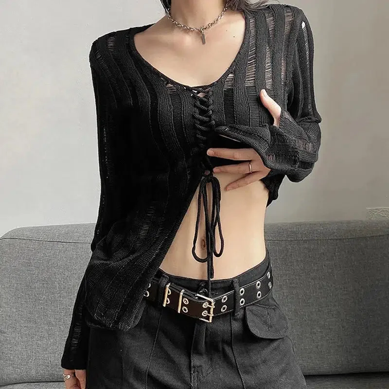 Brownm Grunge Sheer Lace Up Knitted Top