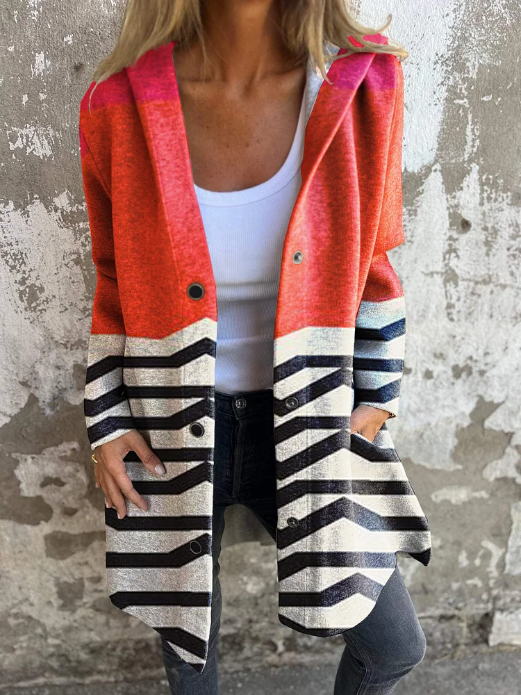 Abstract Art Print Long Sleeve Button Hooded Jacket
