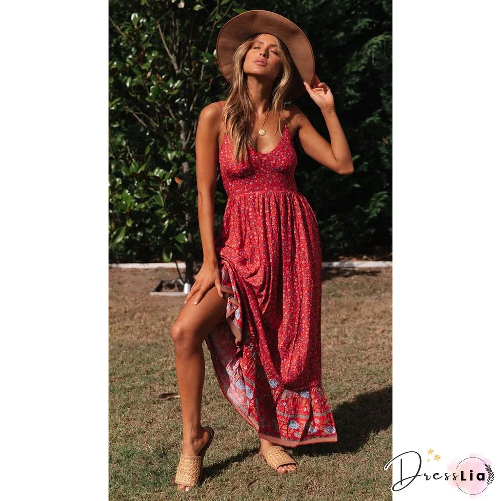 Bohemian Floral Print Sling Dress