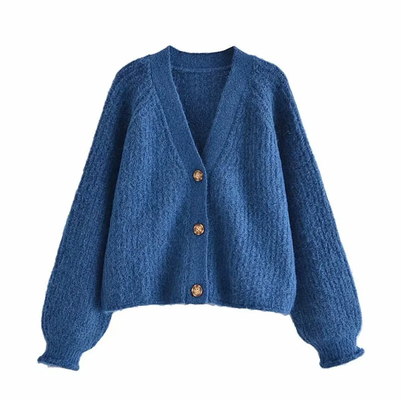 Za 2021 Winter Blue Oversize Knit Cardigan Women Long Sleeve Plus Size Loose Sweater Feminine Chic Button Up Knitted Coat Tops