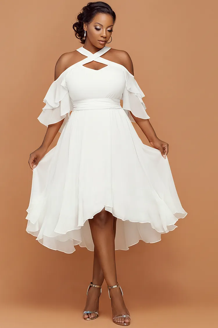 Xpluswear Design Plus Size Vacation White Halter Collar Cold Shoulder Short Sleeve Cut Out Ruffle Chiffon Midi Dresses [Pre-Order] 2024 - Xpluswear