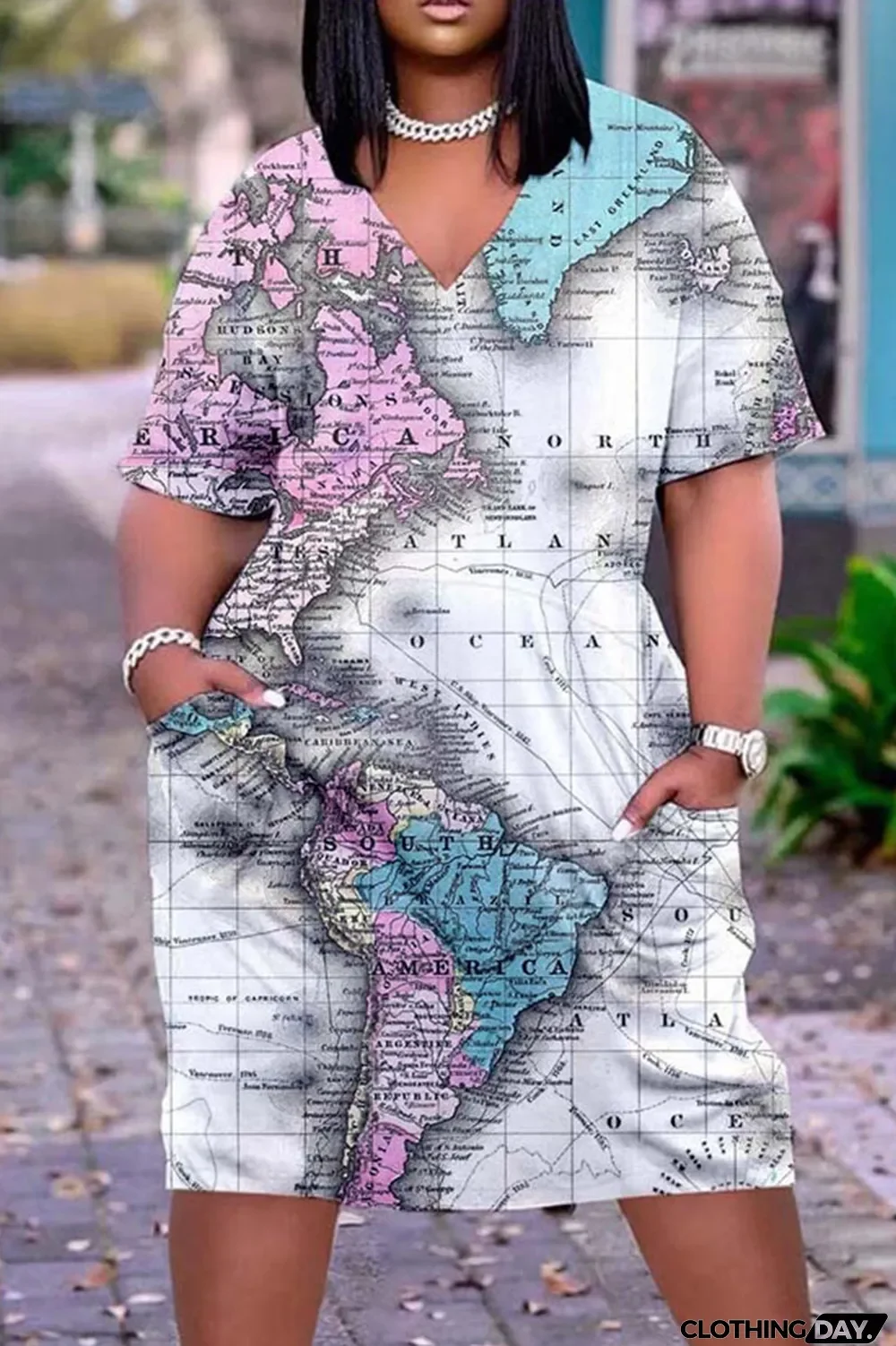 Khaki Casual Print Split Joint V Neck Straight Dresses