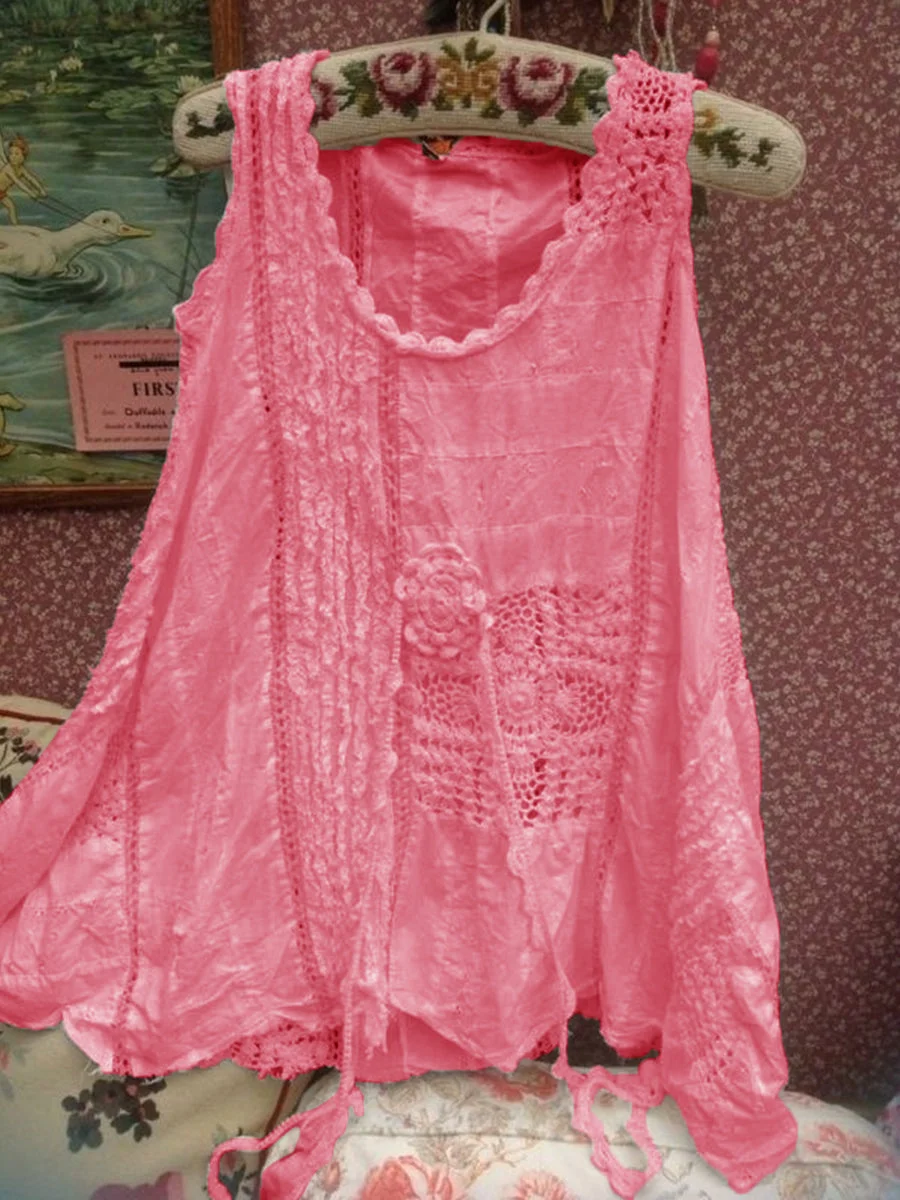 Casual Lace Crew Neck Sleeveless Linen Top