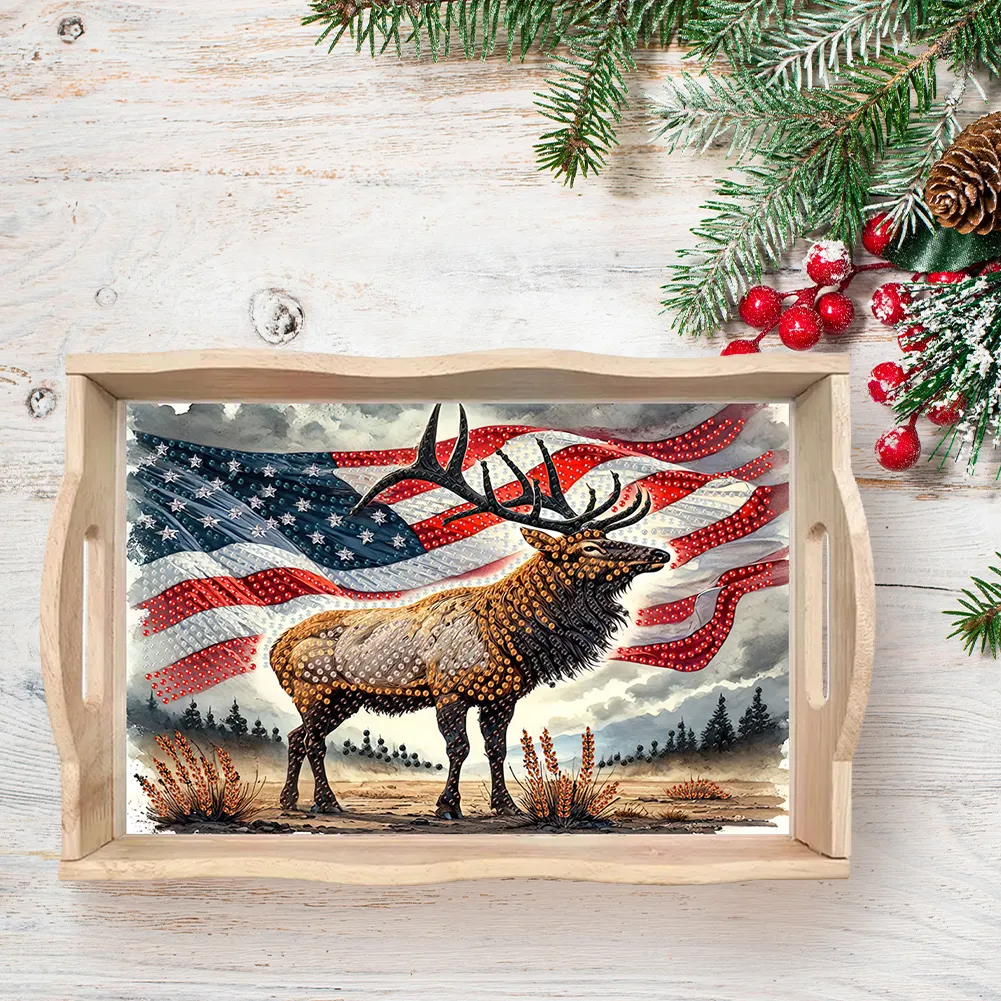 5D DIY Wooden US Flag Deer Diamond Painting Tray Art Craft for Desk Coffee Table