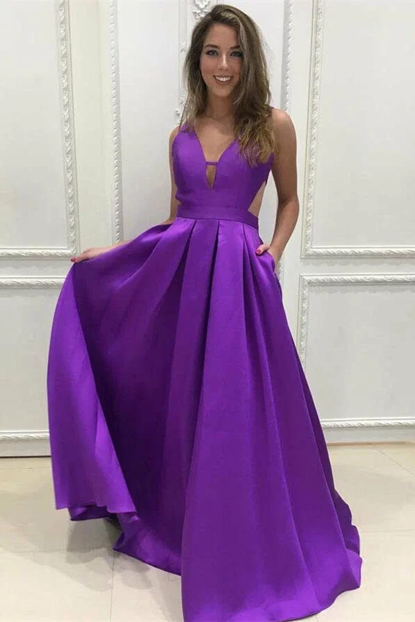 Daisda V Neck Purple Sleeveless A-Line Prom Dress With Pockets