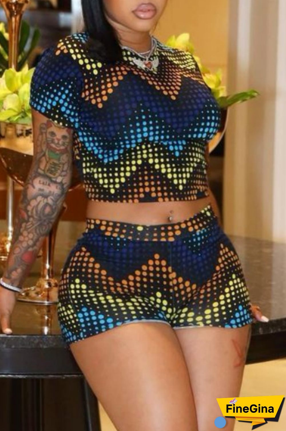 Red Casual Print Basic O Neck Short Sleeve Two Pieces