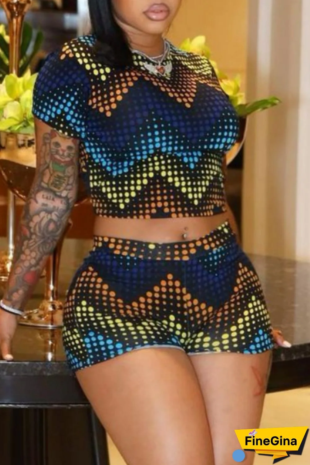 Red Casual Print Basic O Neck Short Sleeve Two Pieces