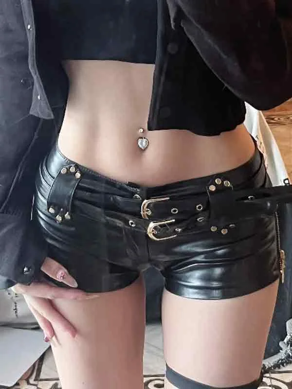 Brownm Punk PU Leather Hollow Shorts