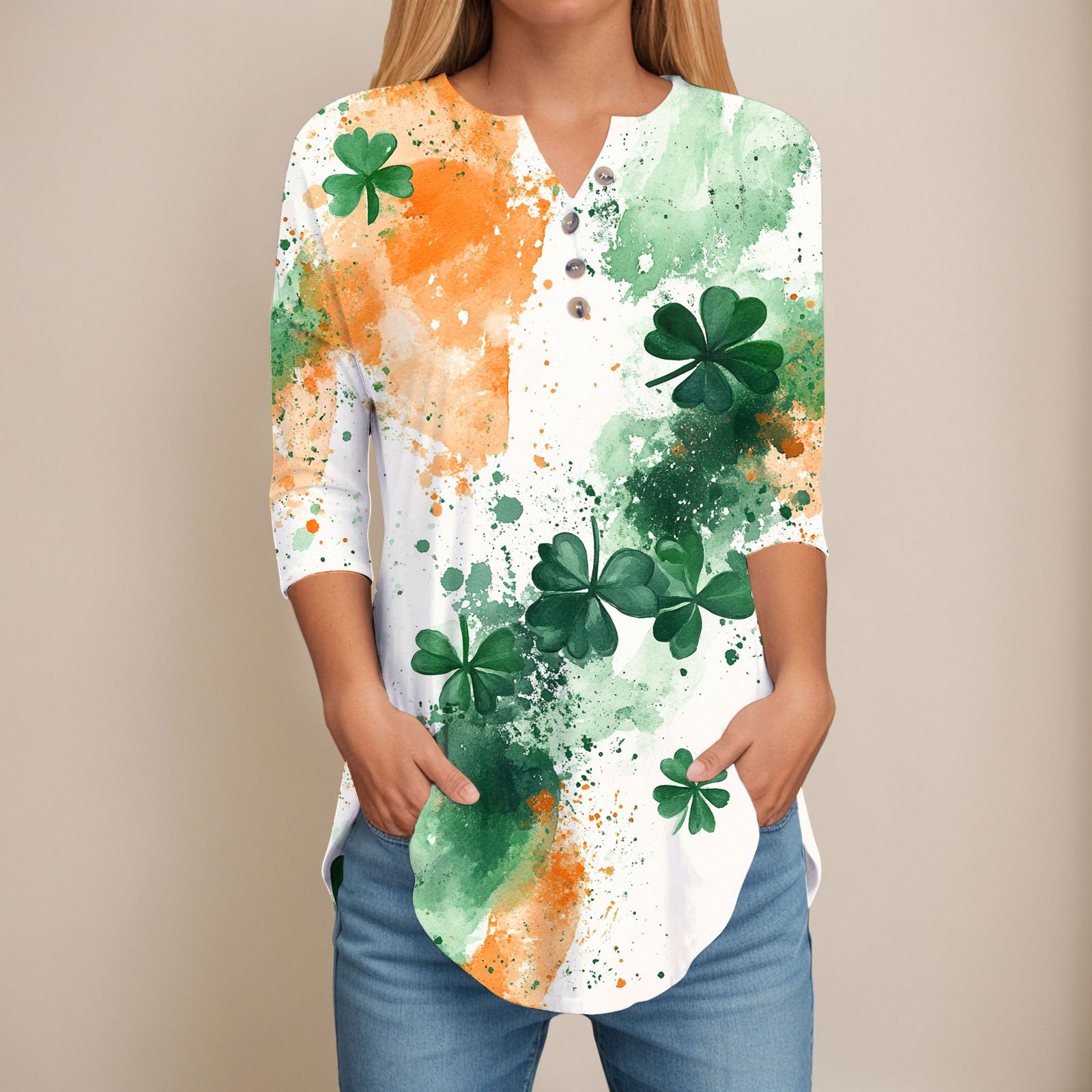 Women Simple Long Sleeve T Shirts Female St Patrick's Day Tops 3/4 Sleeve Tunic Tops Side Slit V Neck Flattering T-shirts