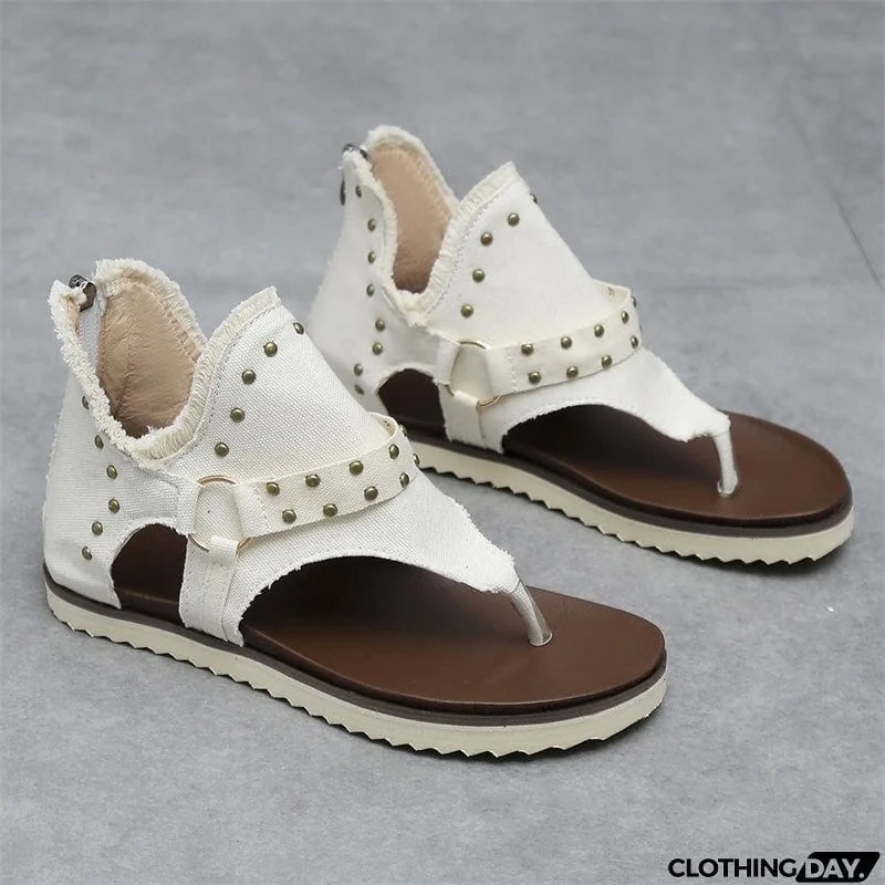 Trendy Metal Rivets Flat Zipper Roman Sandals for Lady