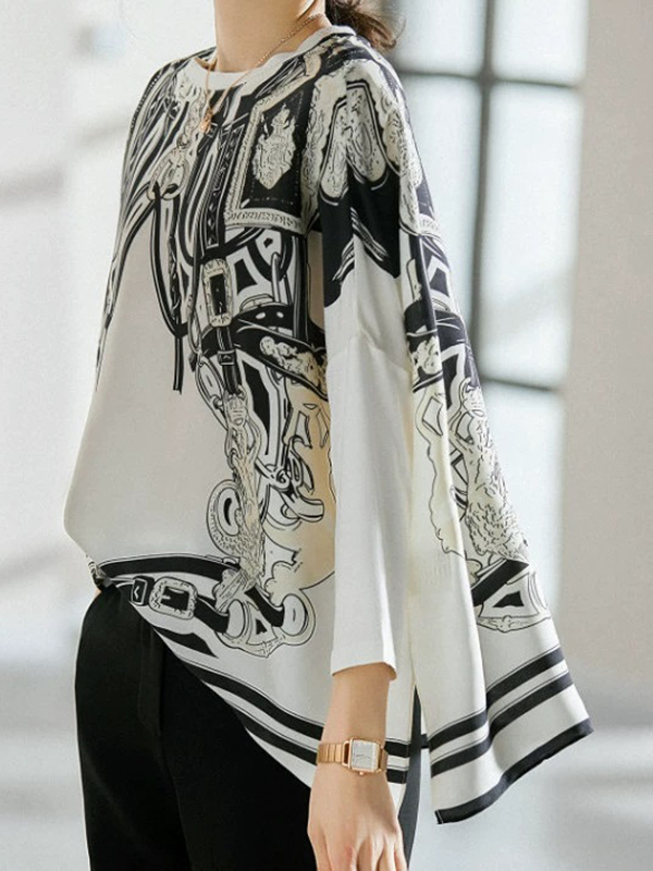 Loose Round Neck Printed Bat Sleeve Blouses