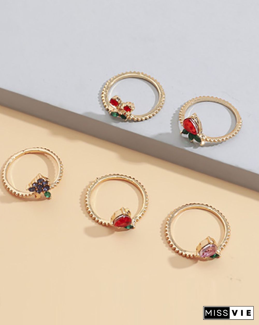 5PCS Fruit Pattern Colorful Studded Rings Set