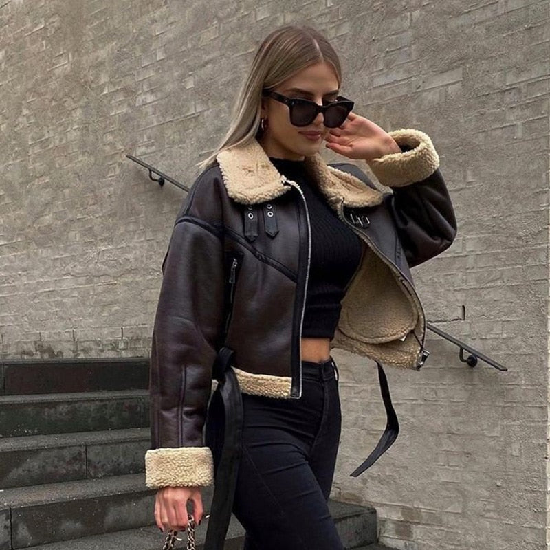 Toloer 2022 New Fashion Suede Teddy Brown Woman Jacket Vintage Patchwork PU With Zipper Winter Coat Women Female Outwear Tops2