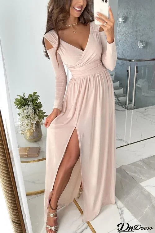Solid Color V Neck Long Sleeve Hem Split Dress