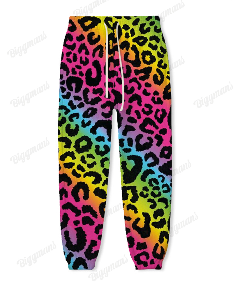 Neon Leopard Love Print Women Plus Size Crewneck Sweatshirt Suit