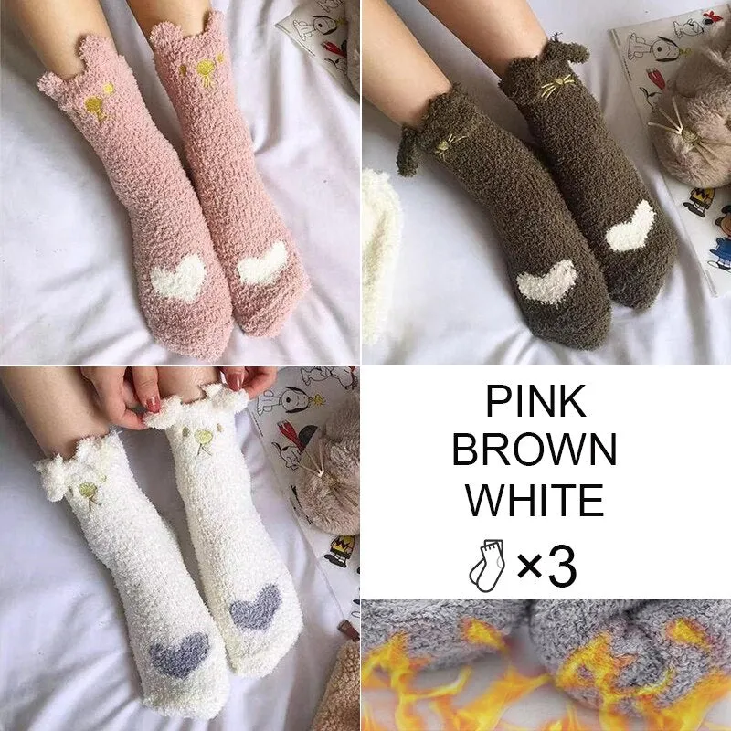 FINETOO 3Pair/Set Women Autumn and Winter Socks Plush  Thick Warm Socks Coral Velvet Animal Sleeping Non-slip Home Floor Socks