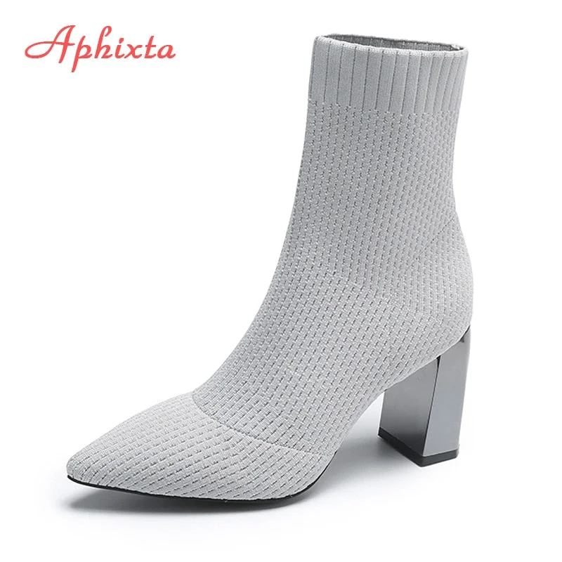 Aphixta Gray Fabrics Sock Boots Women Shoes Elastic Boots Stretch Knit Bling 8cm Metal Square Heel Ladies Shoes Plus Size 41