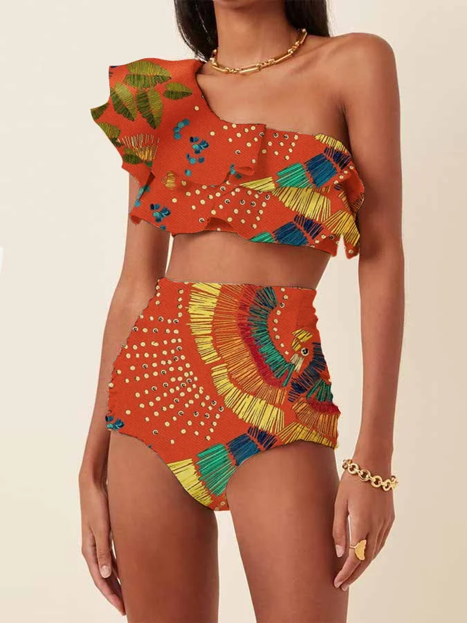 One-Shoulder Embroidered Printed Ruffled Swimsuit