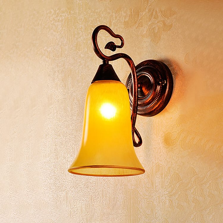 Bell Shade Indoor Wall Light Yellow Glass and Metal 1 Light Traditional Style Wall Lamp Fixture in Copper Finish