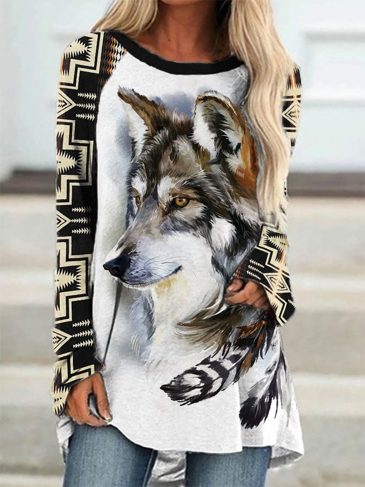 Western Aztec Wolf Print Long Sleeve T Shirt