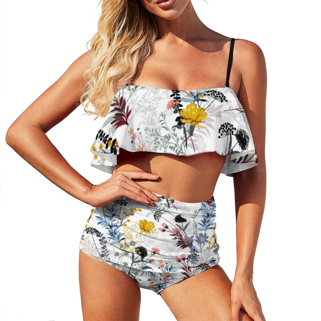 Summer Floral Two-piece Swimsuit Women High Waisted Bikini Off Shoulder Ruffle Bathing Suits - neewho