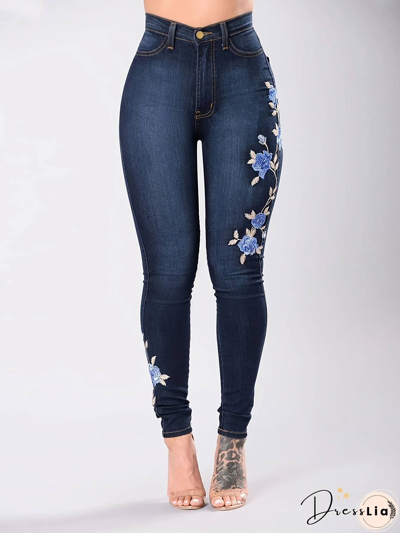 Blue Floral Embroidery Skinny Jeans Zipper Button Closure Medium Strech Elegant Denim