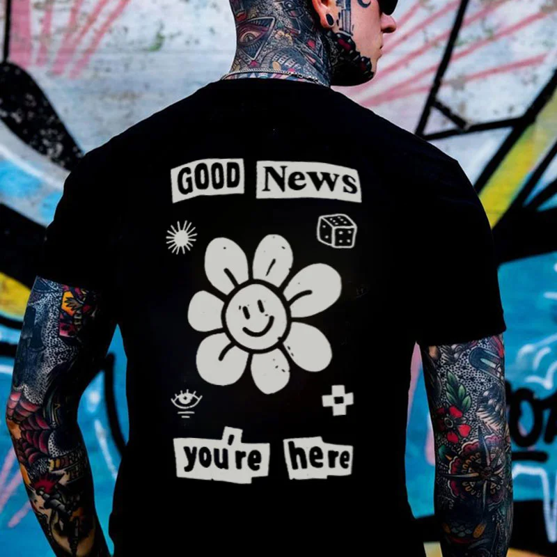 GOOD NEWS you're here Casual Graphic Black Print T-shirt